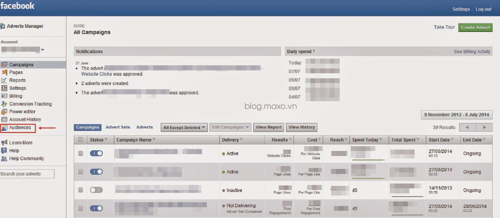 Đăng nhập vào Advert Manager của Facebook / chọn tab Audiences ở thanh menu bên trái