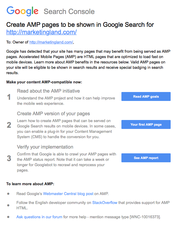 Google Search Console gửi thông báo AMP