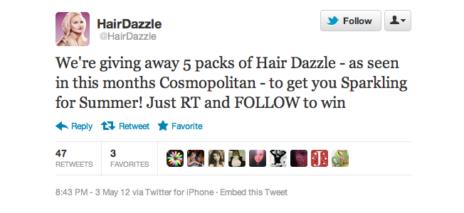 HairDazzle đưa ra phần quà trên Twitter cho những người follow họ