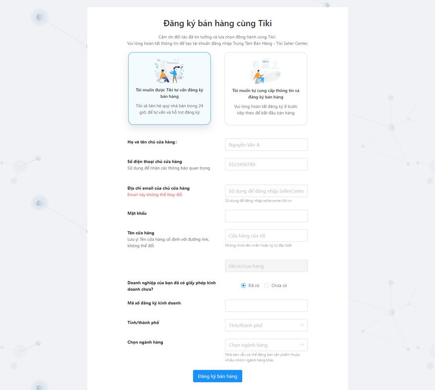 cá nhân đăng ký bán hàng trên tiki
