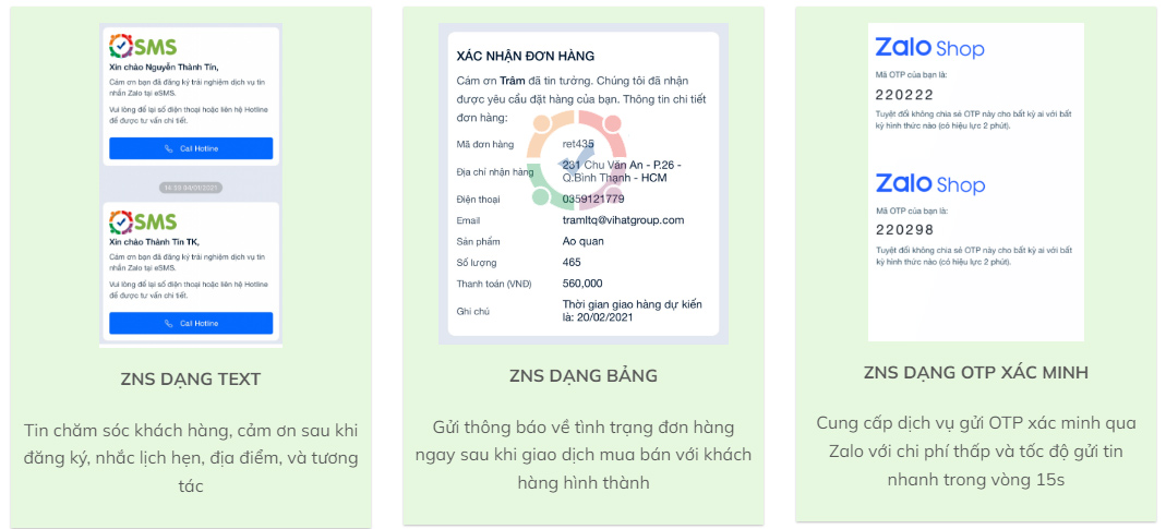 Các loại tin nhắn Zalo ZNS