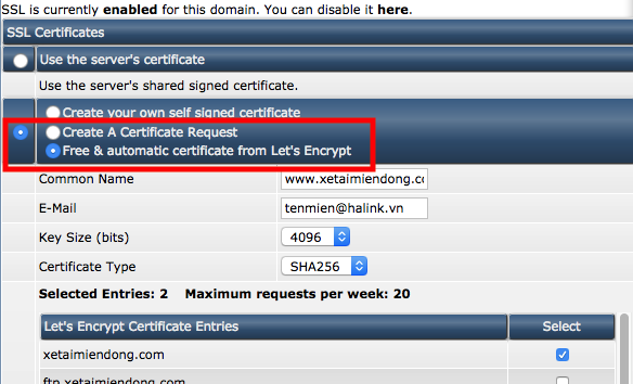 Cài SSL miễn phí DirectAdmin